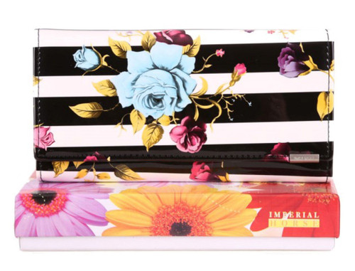 Womens Glossy Patent Genuine Leather Purse Wallet Stripes Flower Gift Box