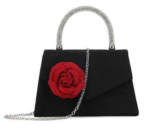 Womens Evening Clutch Bag Flower Detail Handle Chain Strap