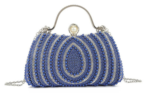 Womens Diamante Beaded Hard Case Metallic Handle Evening Bag