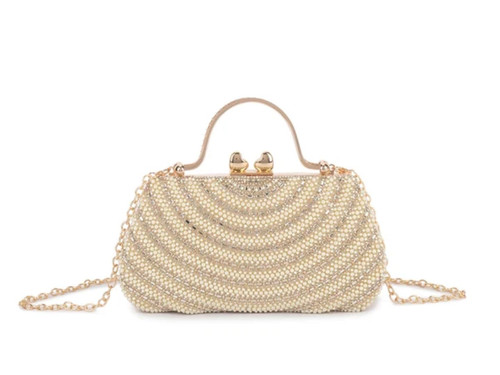 Womens Pearl Evening Clutch Bag with Top Handle and Chain Strap Purse