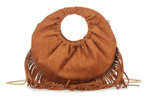 Womens Faux Suede Boho Fringe Round Bag Circle Top Handle Purse