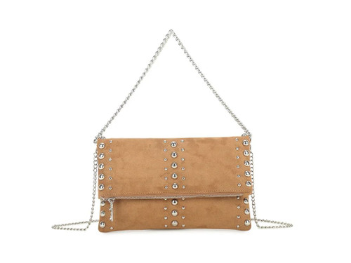 Womens Faux Suede Handbag with Stud Detail Flat Tote Purse, Shoulder Bag