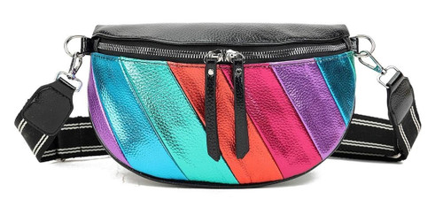 Womens Faux Leather Metallic Rainbow Belt Bag