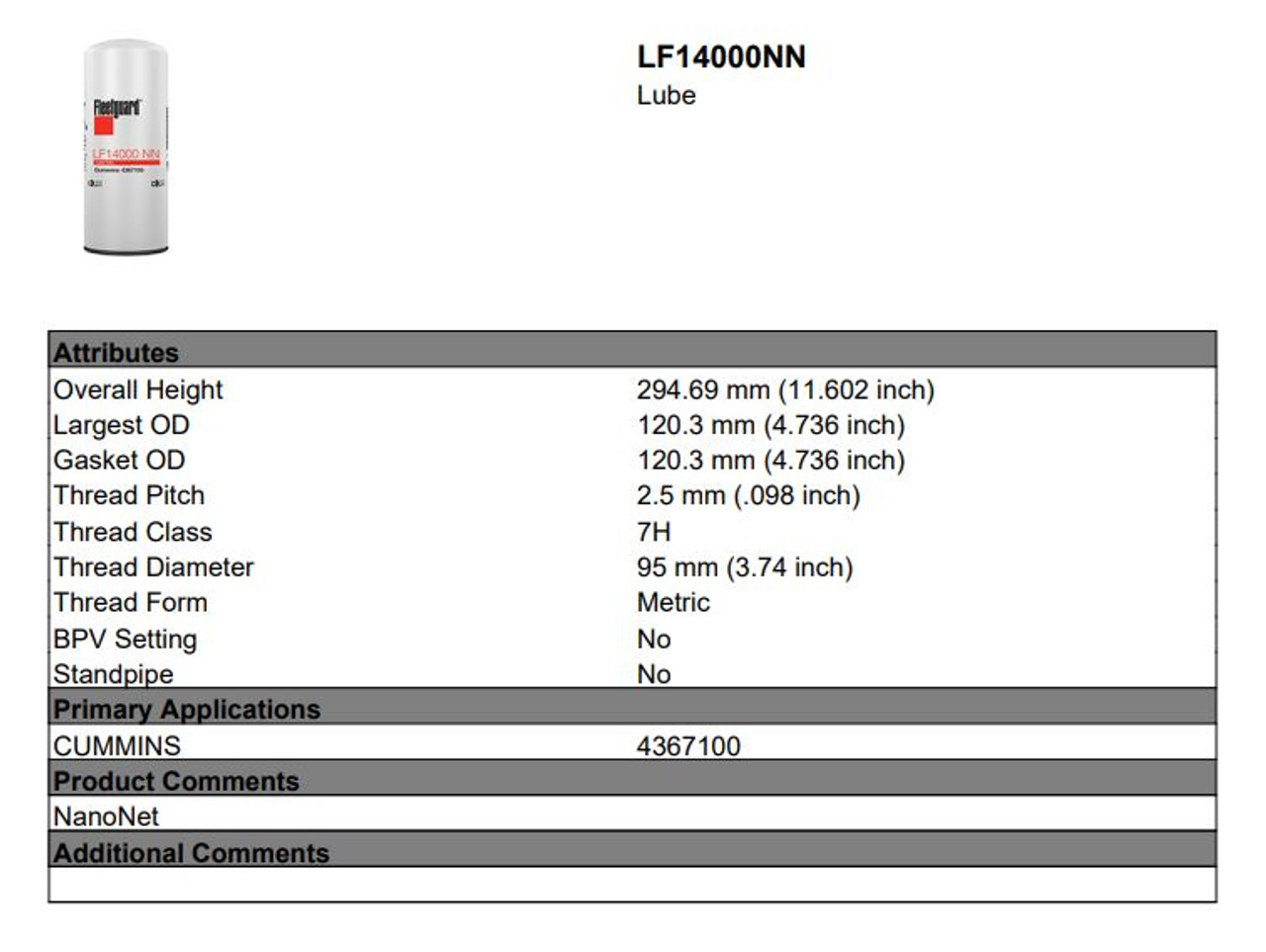 LF14000NN oil filter ISX ISX15 specs