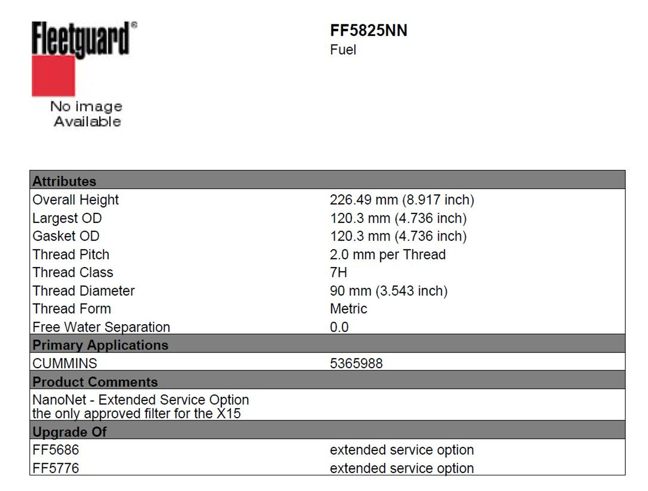 FF5825NN FUEL FILTER SPECS