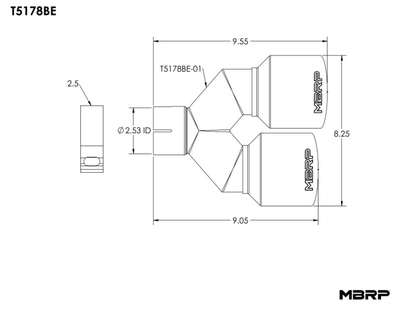 MBRP Burnt End Tip 2.5 ID Dual 4 OD Out 9.5 length Single wall 304 Stainless Steel Driver Side - T5178BE Line Art