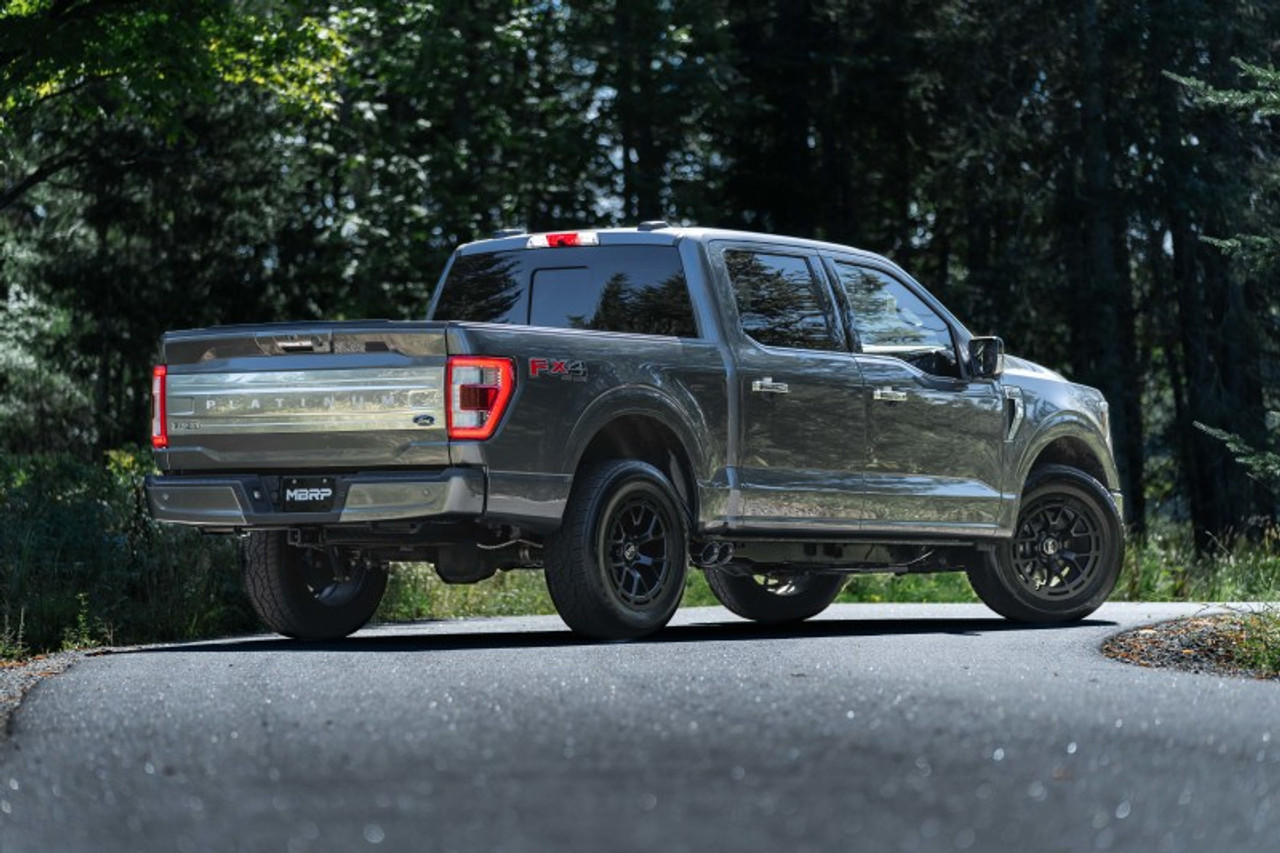 MBRP 2021+ Ford F150 Black Coated Dual Pre-Axle (Street Profile) 2.5in OD Tips 3in Cat Back Exhaust - S5219BLK Photo - Close Up