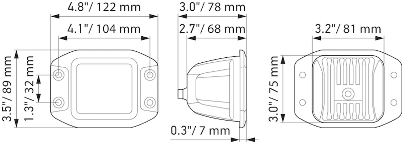 Hella Universal Black Magic 3.2in L.E.D. Cube Kit - Flood Beam (Flush Mount) - 358176831 Technical Drawing