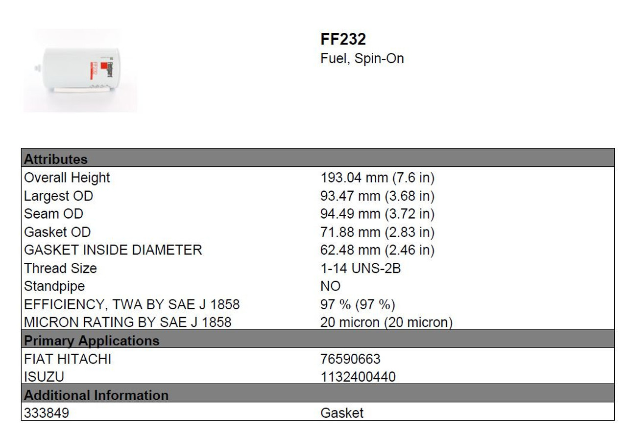 FF232 Fleetguard fuel filter FASS replacement