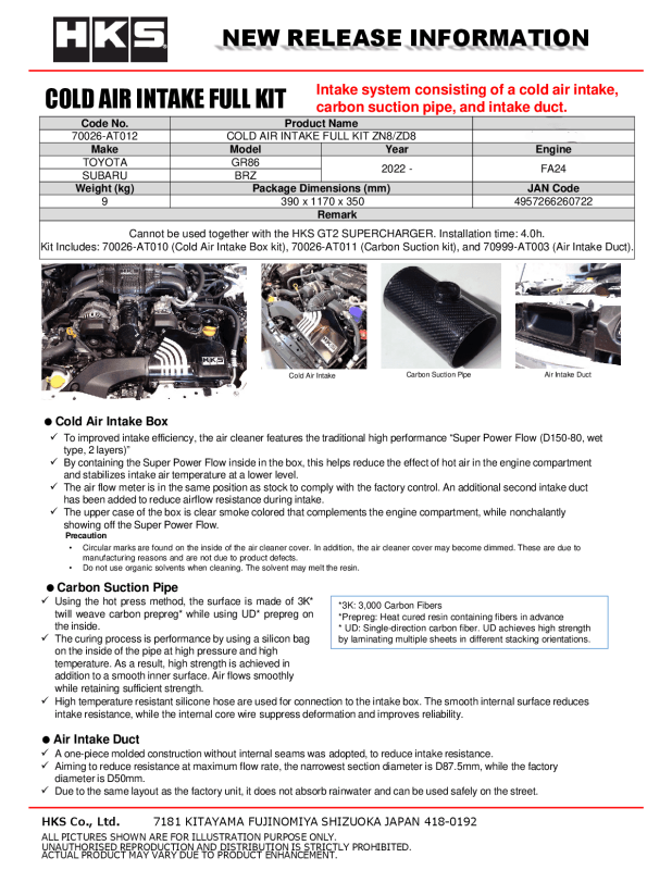 HKS Subaru ZN8/ZD8 Cold Air Intake Full Kit - 70026-AT012 Photo - Close Up