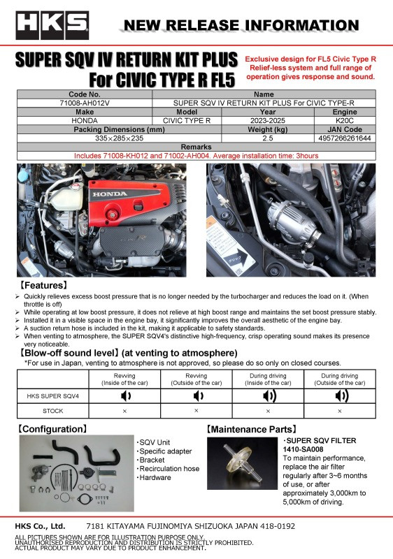 HKS SUPER SQV4 RETURN KIT PLUS FL5 - 71008-AH012V Photo - Close Up