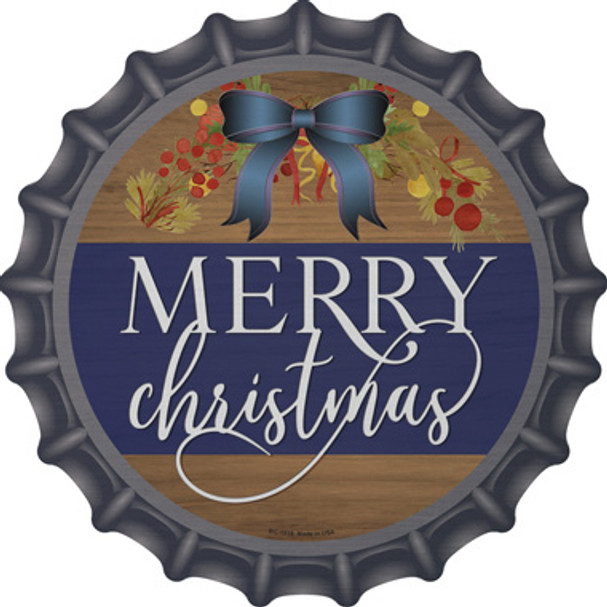 Merry Christmas Blue Bow Novelty Metal Bottle Cap Sign