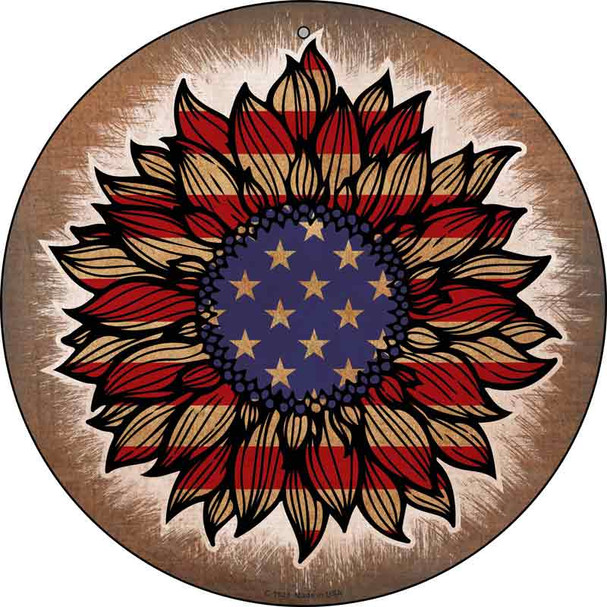 USA Flag Sunflower Novelty Metal Circle Sign