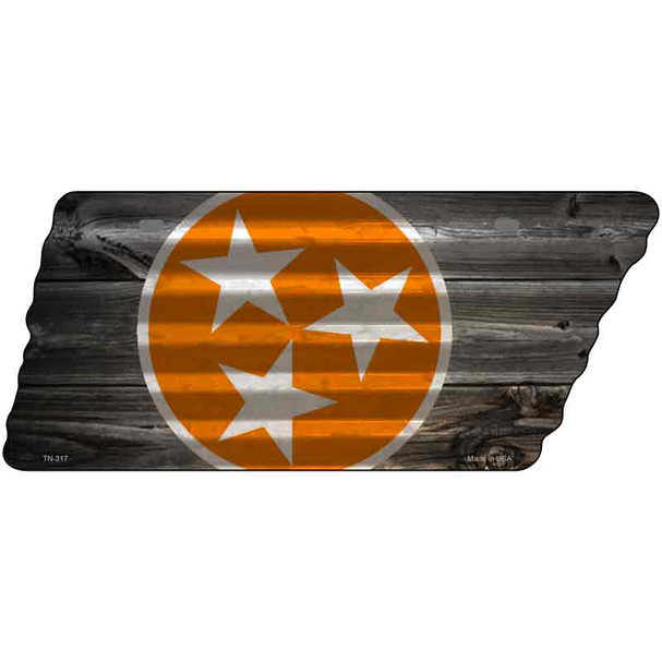 Orange Tri Star on Wood Novelty Corrugated Effect Metal Tennessee License Plate Tag