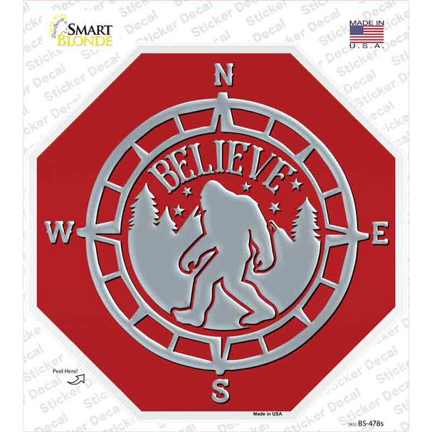 Believe Bigfoot Compass Red Novelty Octagon Sticker Decal