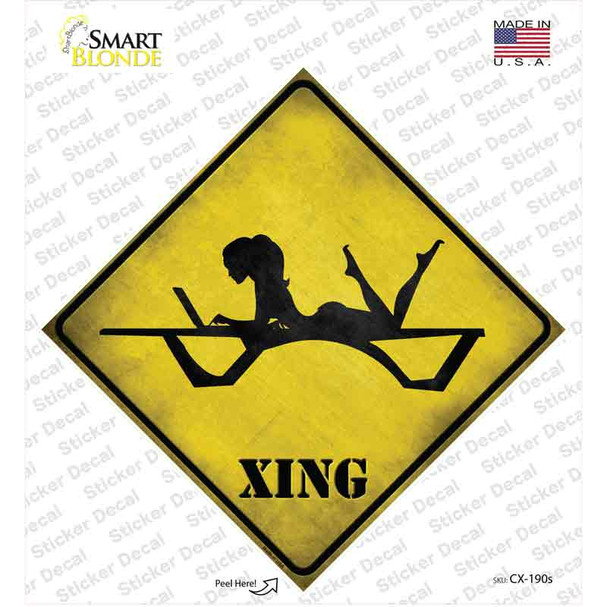 Lady On Laptop In Pool Lounge Xing Novelty Diamond Sticker Decal