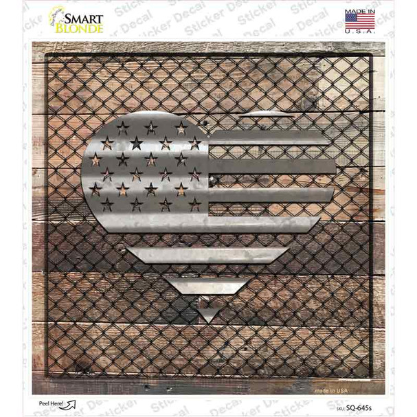 Corrugated American Flag Heart on Wood Novelty Square Sticker Decal