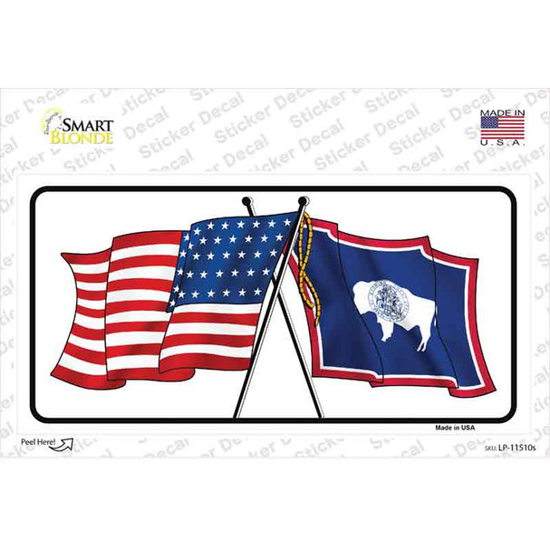 Wyoming Crossed US Flag Novelty Sticker Decal