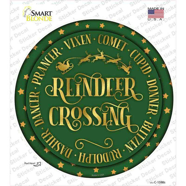 Reindeer Crossing Green Novelty Circle Sticker Decal