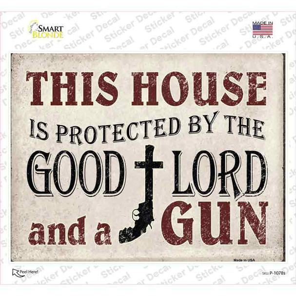 Protected By The Lord And Gun Novelty Rectangle Sticker Decal