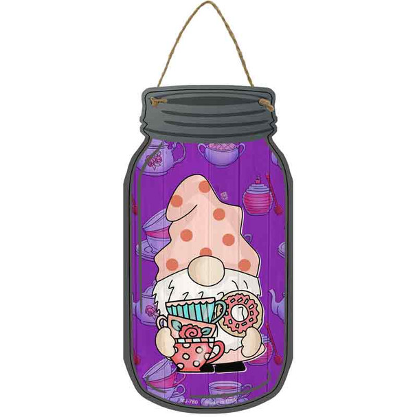 Gnome With Cups and Donut Novelty Metal Mason Jar Sign