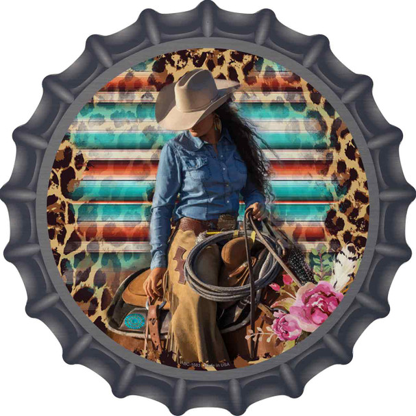 Cowgirl On Horse Rope Novelty Metal Bottle Cap Sign