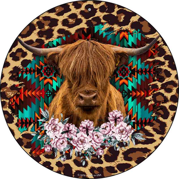 Highland Cattle On Animal Print Novelty Metal Circle Sign
