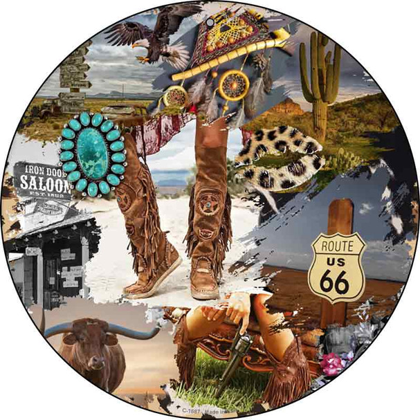 Rte 66 Western Scenery Collage Novelty Metal Circle Sign