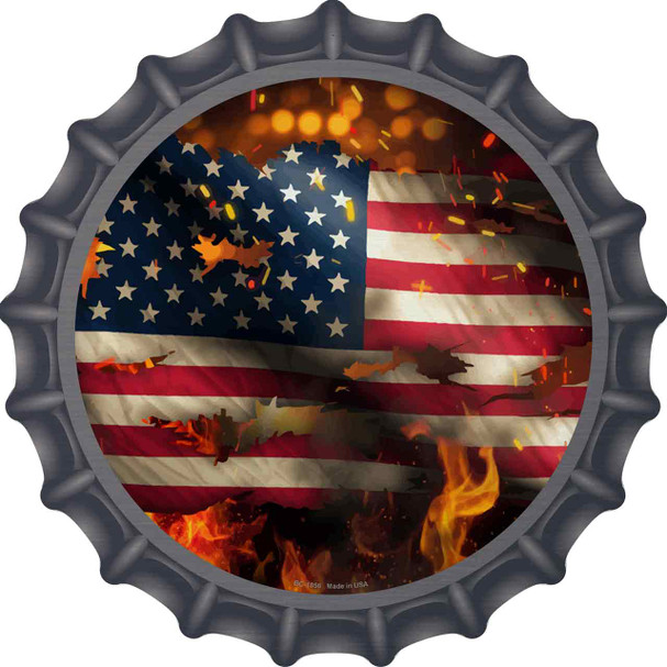 American Flag Flames Novelty Metal Bottle Cap Sign BC-1856