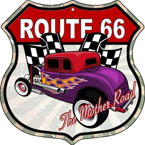 Purple Hot Rod Flame Route 66 Novelty Metal Highway Shield Sign