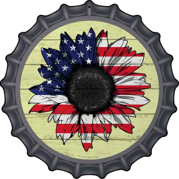 American Flag Sunflower Novelty Metal Bottle Cap Sign