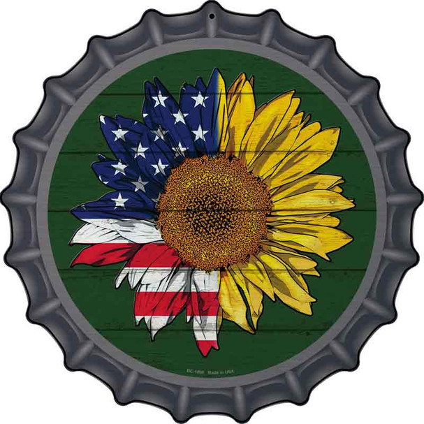 Sunflower Half American Flag Novelty Metal Bottle Cap Sign