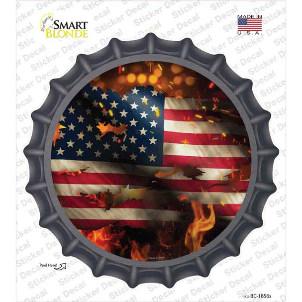 American Flag Flames Novelty Bottle Cap Sticker Decal