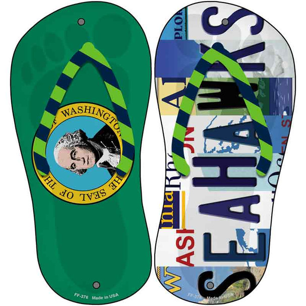 WA Flag|Seahawks Strip Art Novelty Metal Flip Flops (Set of 2)