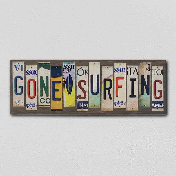 Gone Surfing License Plate Tag Strip Novelty Wood Sign WS-034
