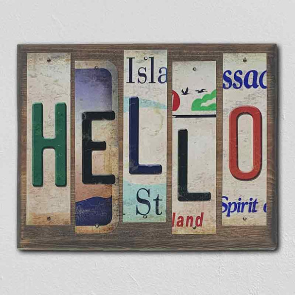 Hello License Plate Tag Strips Novelty Wood Sign WS-110