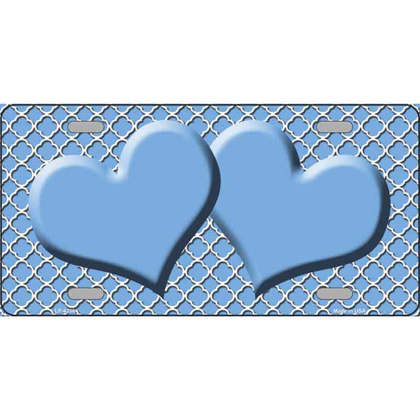 Light Blue White Quatrefoil Light Blue Center Hearts Metal Novelty License Plate