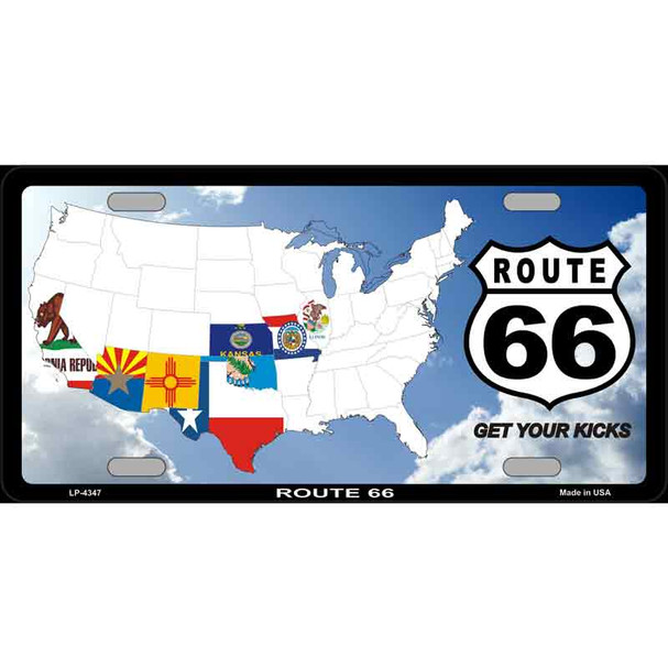 Route 66 8 Flags Clouds Metal Novelty License Plate