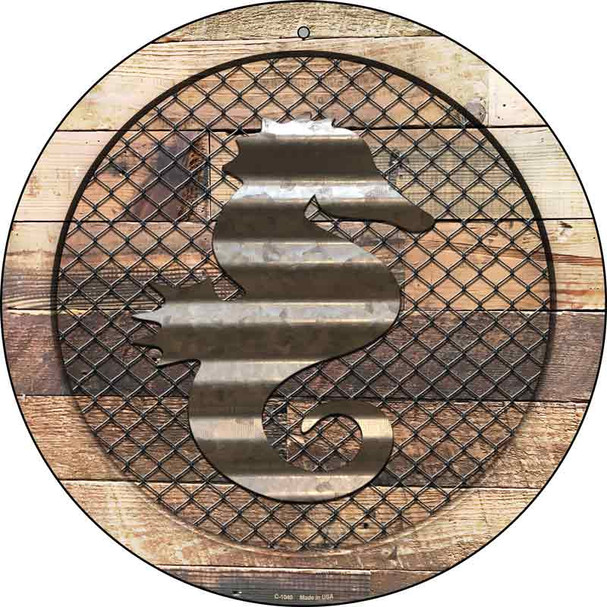 Corrugated Seahorse on Wood Novelty Metal Circular Sign C-1040