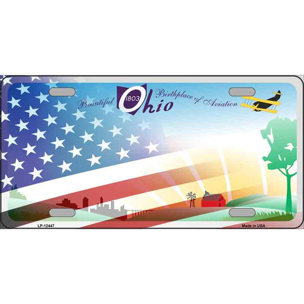 Ohio with American Flag Novelty Metal License Plate LP-12447