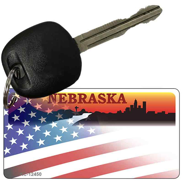 Nebraska with American Flag Novelty Metal Key Chain KC-12450