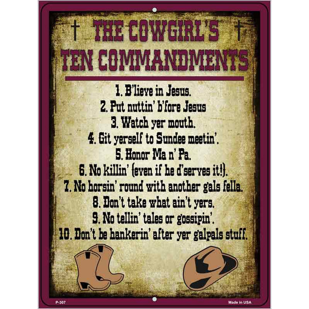 Cowgirls Ten Commandments Vertical Metal Novelty Parking Sign
