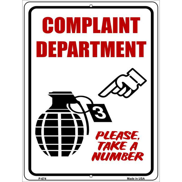 Complaint Department Metal Novelty Parking Sign