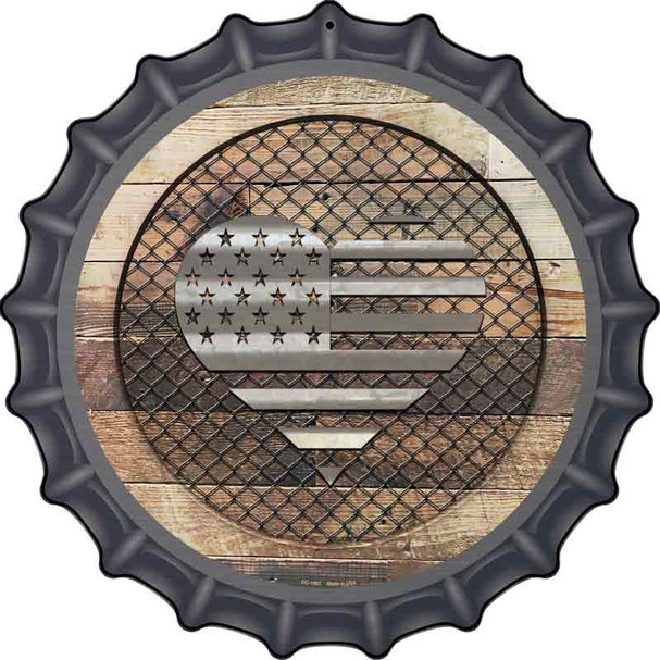 Corrugated American Flag Heart on Wood Novelty Metal Bottle Cap BC-1062
