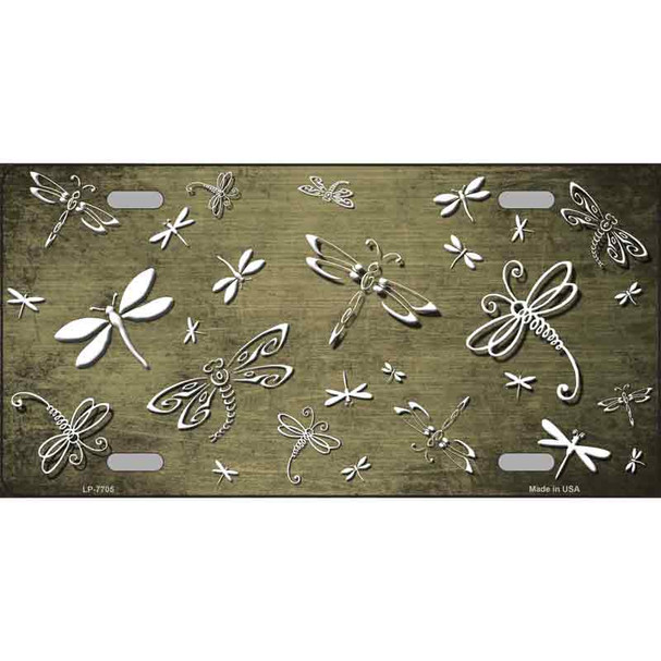 Gold White Dragonfly Oil Rubbed Metal Novelty License Plate