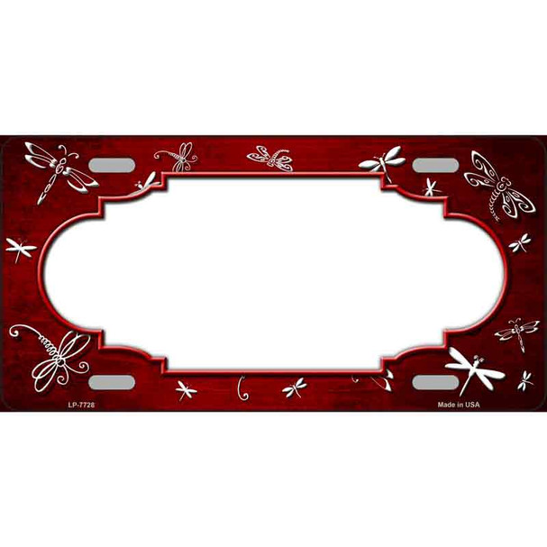Red White Dragonfly Scallop Print Oil Rubbed Metal Novelty License Plate