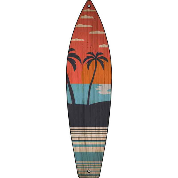 Twin Palm Trees Sunset Novelty Metal Surfboard Sign