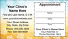 Veterinary sticker appointment card with white paw print pattern, blue and yellow gradient background, clinic information area, and peel-off appointment reminder section.


