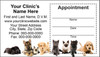 Veterinary sticker appointment business card with puppies and kittens along the bottom, gray background, clinic information area, and peel-off appointment reminder section.

