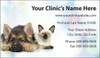 Veterinary business card featuring a German Shepherd puppy and a Siamese cat on a soft pastel background with clinic contact information.

